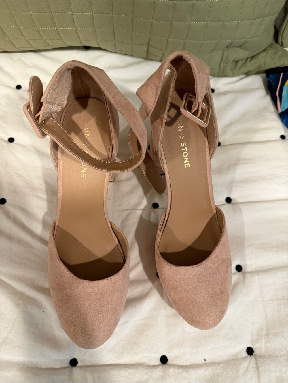 Sun + Stone Blush Suede Closed-Toe Ankle Strap Heels
